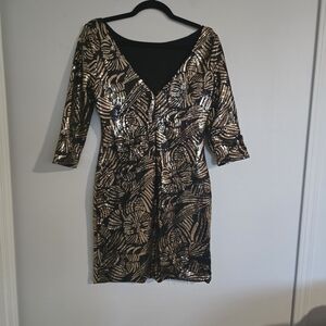 Le Chateau Black and Gold Sequin Mini Dress Vintage Style